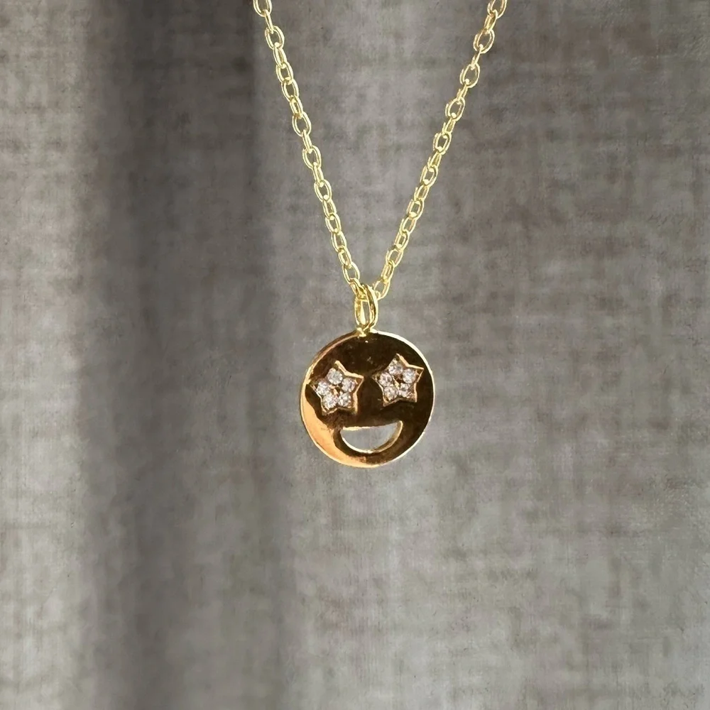 14K Gold Vermeil Star Eyes Smiley Emoji CZ Pendant Necklace
